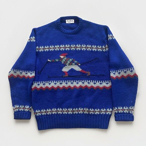 Jos A.Bank Sweater Men's Large Christmas Ski Knit Wool Fair Isle 90s Vintage